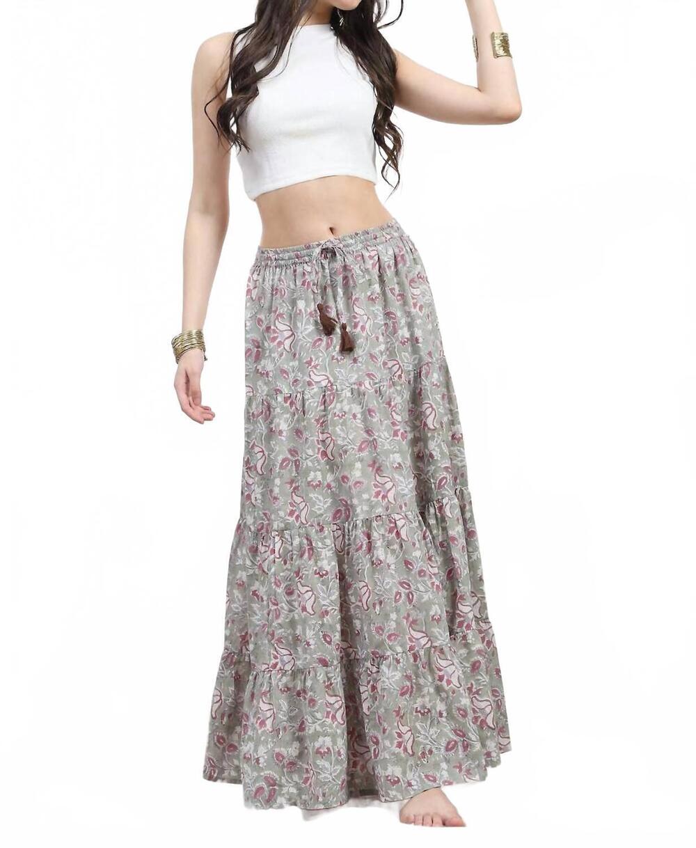 NEW THE FOX AND THE MERMAID radha block printed cotton maxi skirt in sage multi